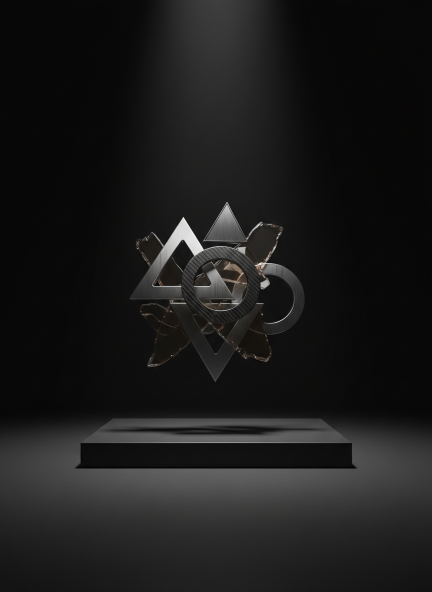 An abstract emblem composed of interlocking geometric shapes—brushed steel triangles, carbon fiber rings, and translucent smoked-glass shards—suspended in midair above a matte onyx pedestal. The environment is a vast, minimal studio space with a seamless dark backdrop that fades into black. A narrow beam of overhead light slices down, illuminating the emblem’s facets and casting a precise, multi-layered shadow on the pedestal and floor. The mood is futuristic, resilient, and meticulously engineered. Photographic style with high contrast, captured from a low-angle perspective to emphasize dominance and scale, centered composition, and tack-sharp focus throughout, embodying the strength and individuality of a forward-thinking brand collective.